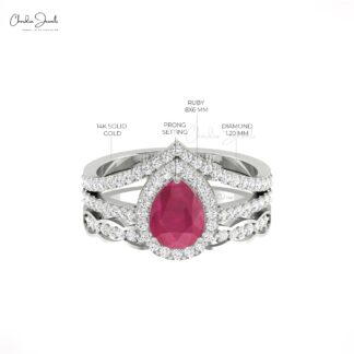 Halo Engagement Ring With 1.5 Ct Ruby And Diamond Split Shank Rings In 14k Solid Gold