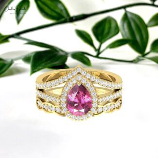 Halo Diamond Multilayer Ring With 0.96 Ct Rhodolite Garnet 14k Real Gold Split Shank Ring