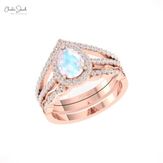 Pear Split Shank Ring With 0.96 Ct Rainbow Moonstone And Diamond Ring In 14k Real Gold