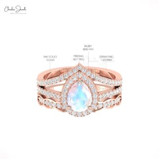 Pear Split Shank Ring With 0.96 Ct Rainbow Moonstone And Diamond Ring In 14k Real Gold