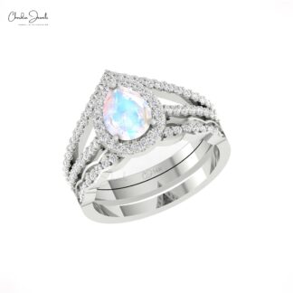 Pear Split Shank Ring With 0.96 Ct Rainbow Moonstone And Diamond Ring In 14k Real Gold