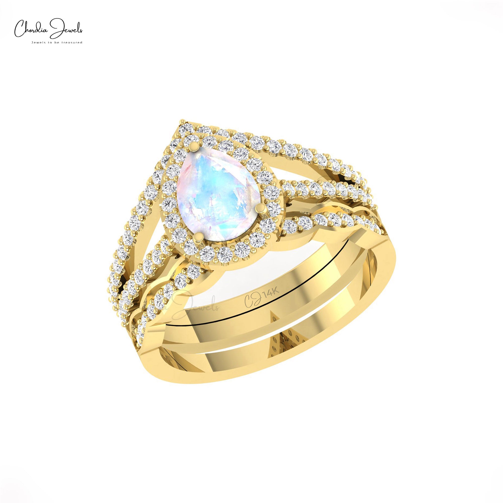 Pear Split Shank Ring With 0.96 Ct Rainbow Moonstone And Diamond Ring In 14k Real Gold