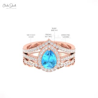 Halo Split Shank Women Ring In 14k Pure Gold Swiss Blue Topaz And Diamond Promise Rings