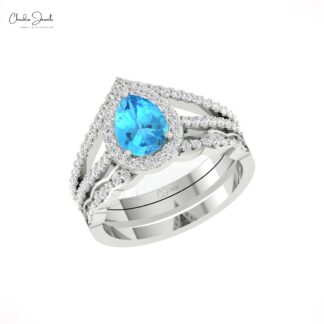 Halo Split Shank Women Ring In 14k Pure Gold Swiss Blue Topaz And Diamond Promise Rings