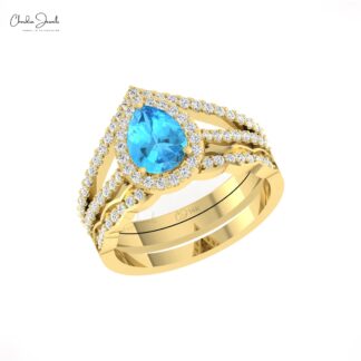 Halo Split Shank Women Ring In 14k Pure Gold Swiss Blue Topaz And Diamond Promise Rings