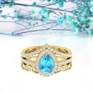 Halo Split Shank Women Ring In 14k Pure Gold Swiss Blue Topaz And Diamond Promise Rings