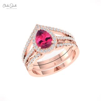 Split Shank Wedding Ring In 14k Real Gold Pink Tourmaline And Diamond Halo Multilayer Ring
