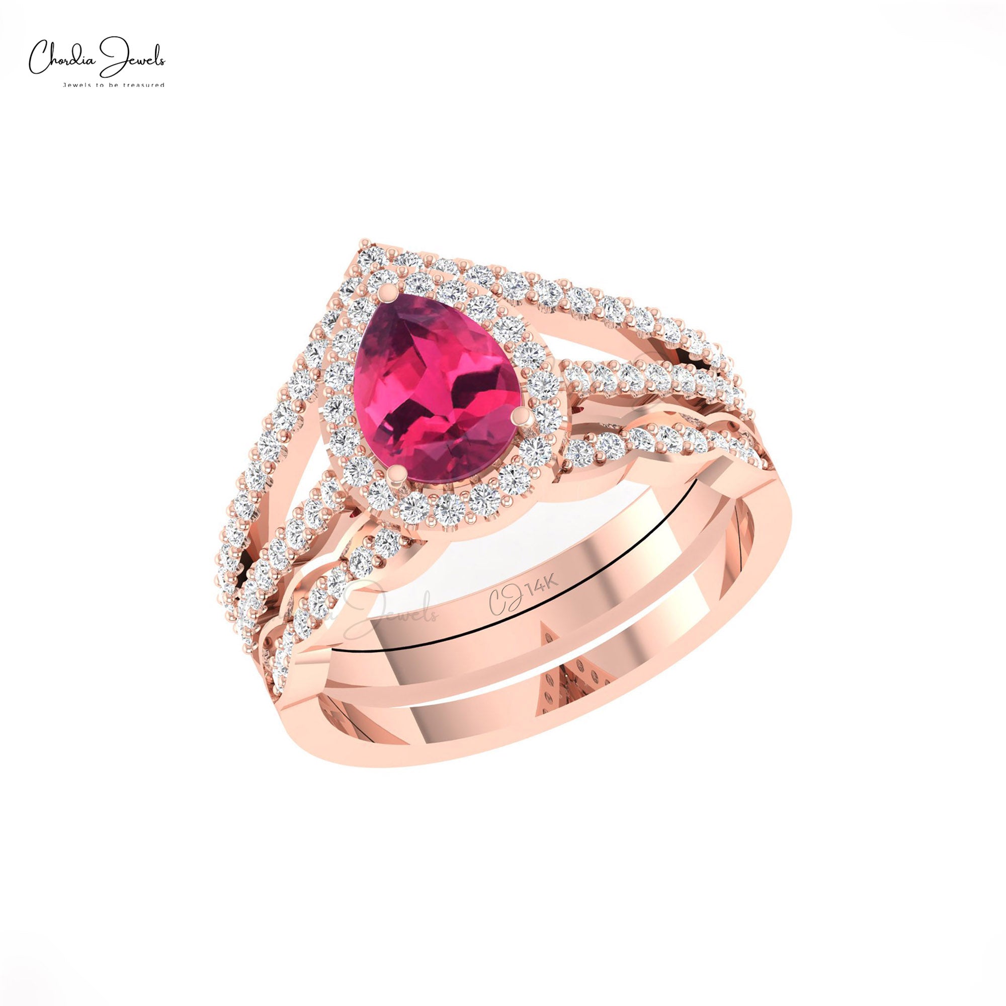 Split Shank Wedding Ring In 14k Real Gold Pink Tourmaline And Diamond Halo Multilayer Ring