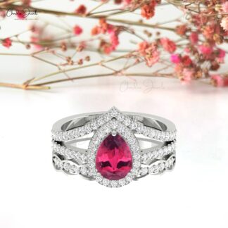 Split Shank Wedding Ring In 14k Real Gold Pink Tourmaline And Diamond Halo Multilayer Ring