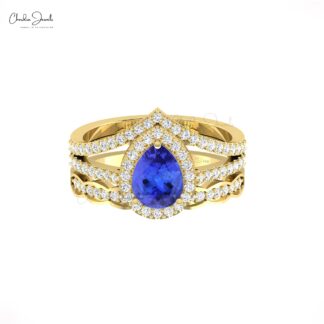 AAA Tanzanite Split Shank Ring In 14k Solid Gold Diamond Halo Handmade Bridal Rings