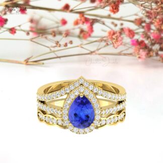 AAA Tanzanite Split Shank Ring In 14k Solid Gold Diamond Halo Handmade Bridal Rings