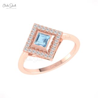 Delicate Square Bezel Ring With 0.32 Ct Aquamarine Diamond Halo Wedding Ring In 14k Gold