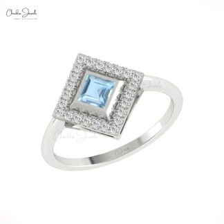 Delicate Square Bezel Ring With 0.32 Ct Aquamarine Diamond Halo Wedding Ring In 14k Gold