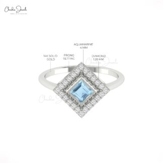 Delicate Square Bezel Ring With 0.32 Ct Aquamarine Diamond Halo Wedding Ring In 14k Gold