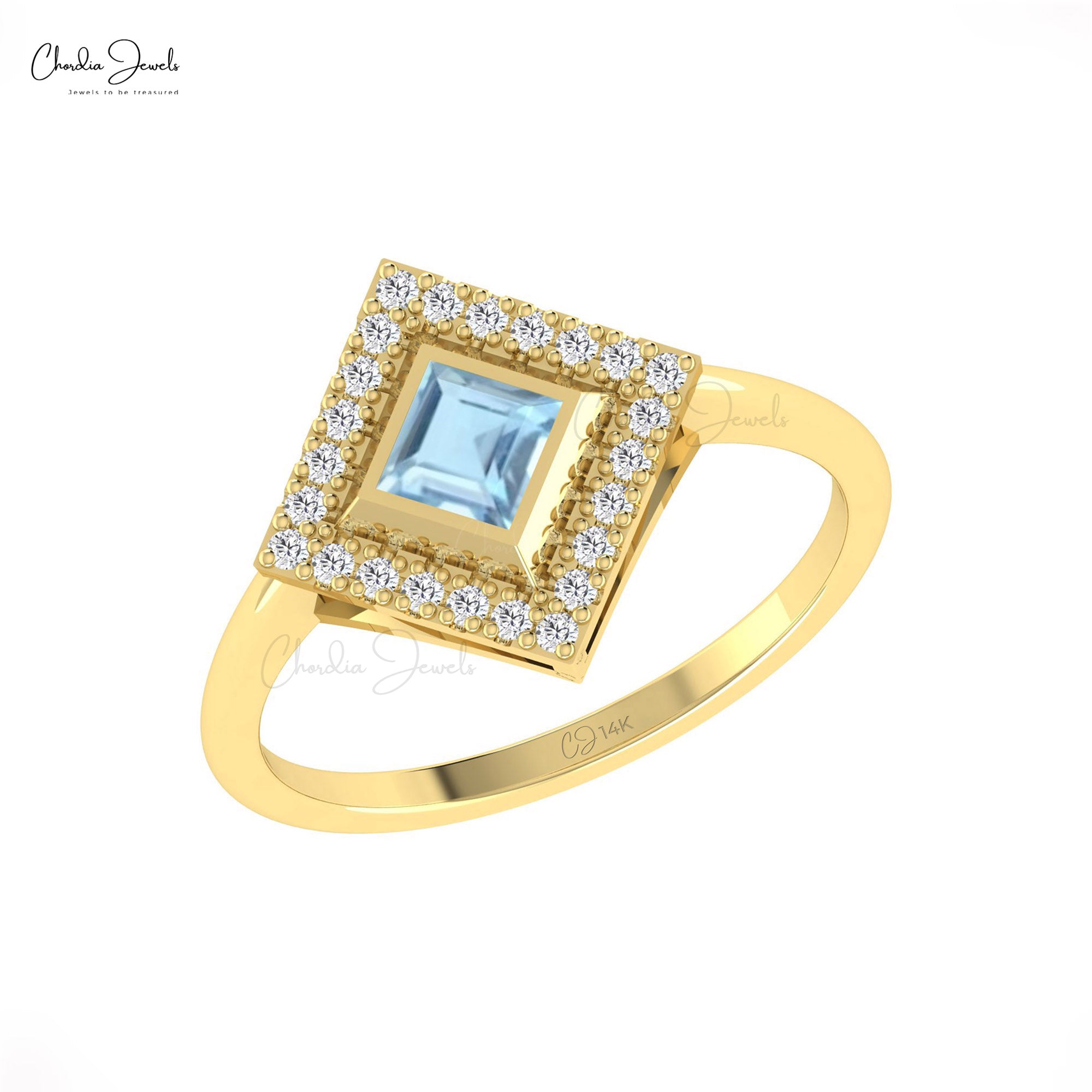 Delicate Square Bezel Ring With 0.32 Ct Aquamarine Diamond Halo Wedding Ring In 14k Gold