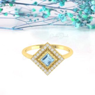 Delicate Square Bezel Ring With 0.32 Ct Aquamarine Diamond Halo Wedding Ring In 14k Gold