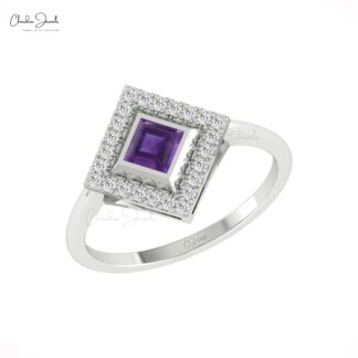 Diamond Halo Promise Ring In Solid 14k Gold Amethyst 4mm Square Cut Hallmarked Rings