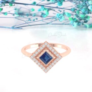 Real 14k Gold Engagement Halo Ring With 0.48 Ct Blue Sapphire Pave Diamond Bridal Rings