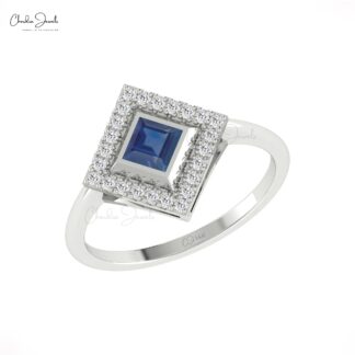 Real 14k Gold Engagement Halo Ring With 0.48 Ct Blue Sapphire Pave Diamond Bridal Rings