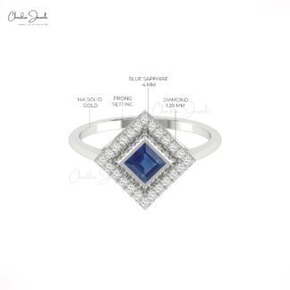 Real 14k Gold Engagement Halo Ring With 0.48 Ct Blue Sapphire Pave Diamond Bridal Rings