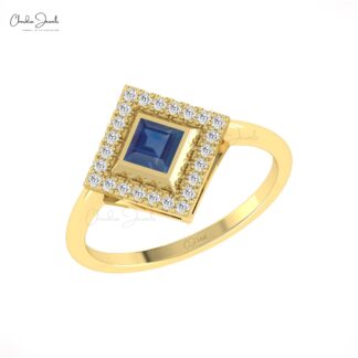 Real 14k Gold Engagement Halo Ring With 0.48 Ct Blue Sapphire Pave Diamond Bridal Rings