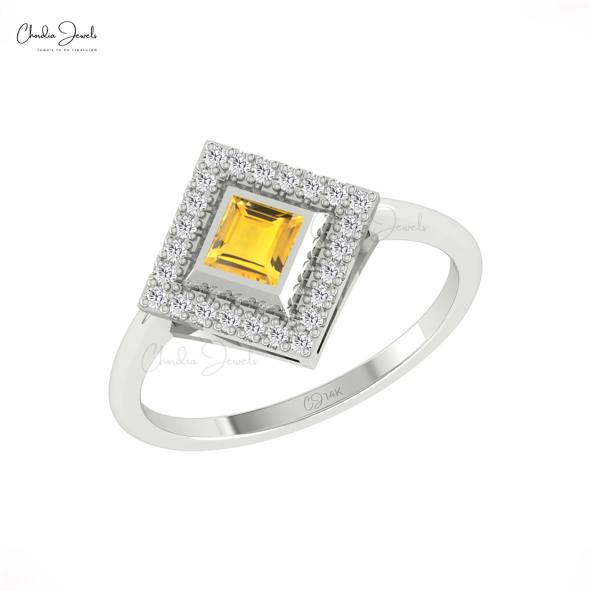 Halo Bezel Set Wedding Ring With 4mm Citrine And Diamond Accents In 14k Pure Gold Rings