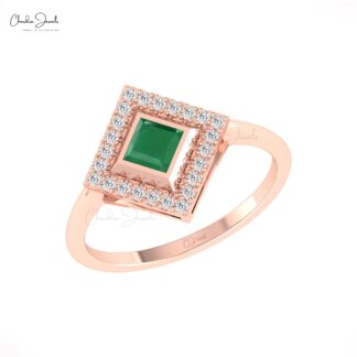 Square Cut Halo Wedding Ring In Solid 14k Gold Emerald 4mm And Diamond Rings For Her