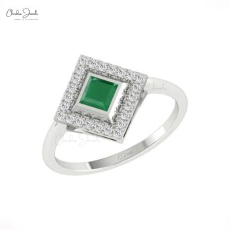 Square Cut Halo Wedding Ring In Solid 14k Gold Emerald 4mm And Diamond Rings For Her