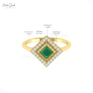 Square Cut Halo Wedding Ring In Solid 14k Gold Emerald 4mm And Diamond Rings For Her