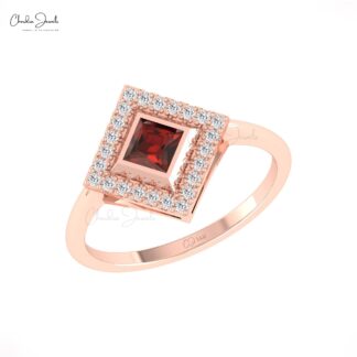 Square Red Garnet Halo Ring With 4mm Gemstone & Diamond Pave In 14k Real Gold Jewelry
