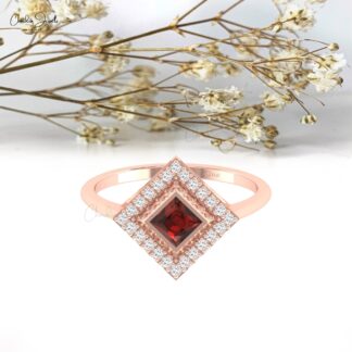 Square Red Garnet Halo Ring With 4mm Gemstone & Diamond Pave In 14k Real Gold Jewelry