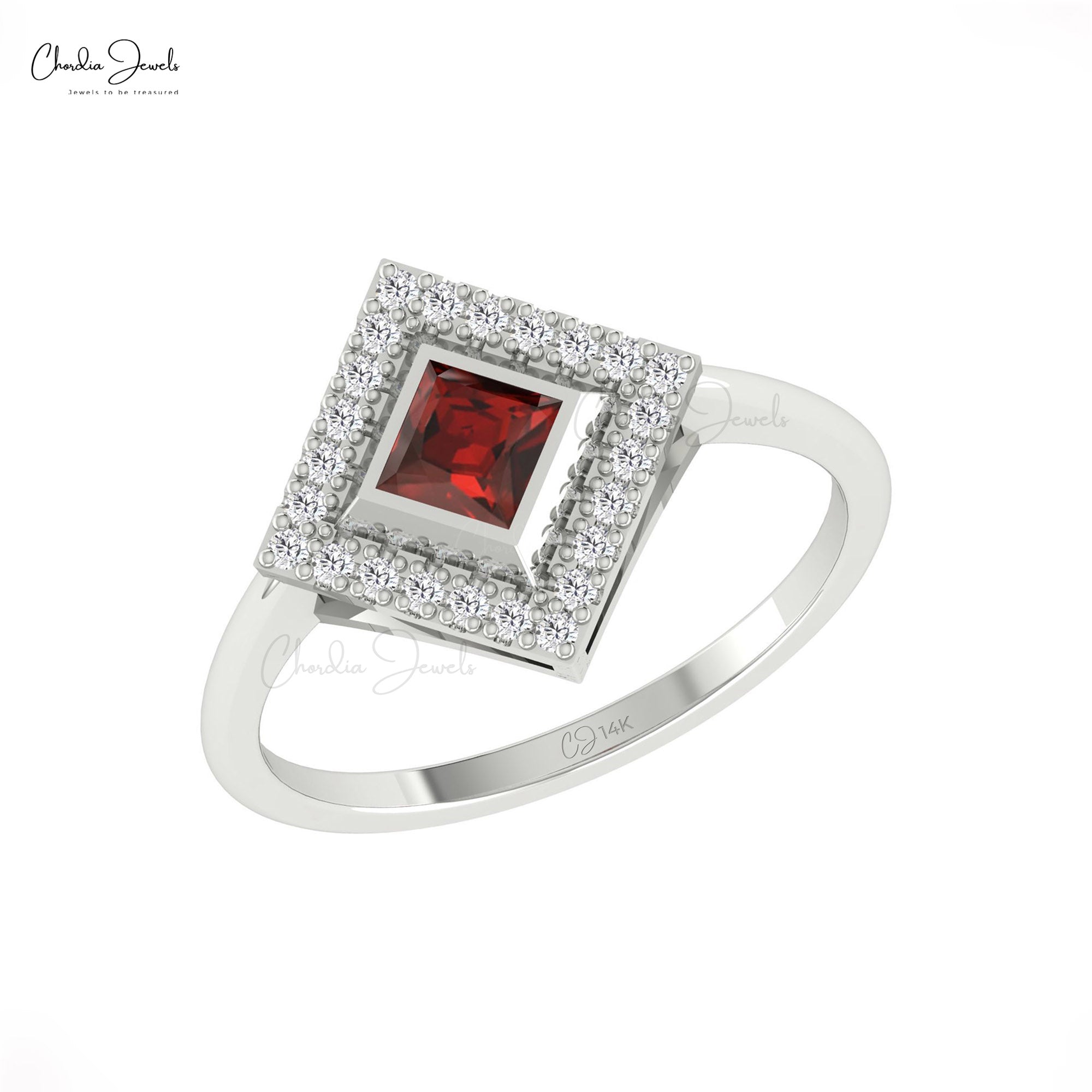 Square Red Garnet Halo Ring With 4mm Gemstone & Diamond Pave In 14k Real Gold Jewelry