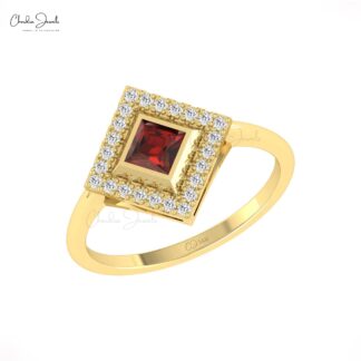 Square Red Garnet Halo Ring With 4mm Gemstone & Diamond Pave In 14k Real Gold Jewelry
