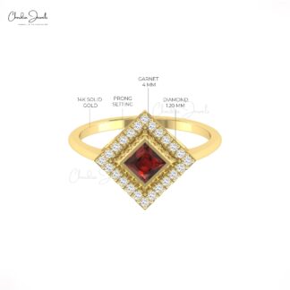 Square Red Garnet Halo Ring With 4mm Gemstone & Diamond Pave In 14k Real Gold Jewelry