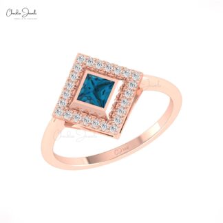 Square Gemstone Ring In 14k Real Gold London Blue Topaz Halo Diamond Rings For Her