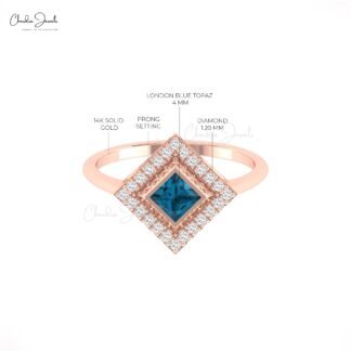 Square Gemstone Ring In 14k Real Gold London Blue Topaz Halo Diamond Rings For Her