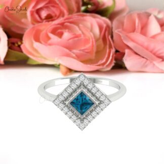 Square Gemstone Ring In 14k Real Gold London Blue Topaz Halo Diamond Rings For Her