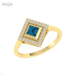 Square Gemstone Ring In 14k Real Gold London Blue Topaz Halo Diamond Rings For Her