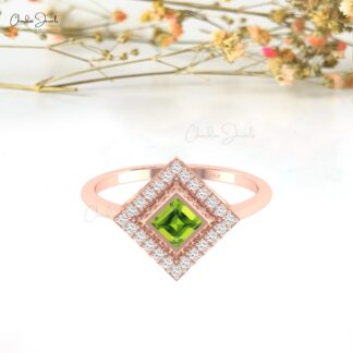 Halo Engagement Rings With 4mm Peridot And Diamond 14k Real Gold August Birthstone Ring