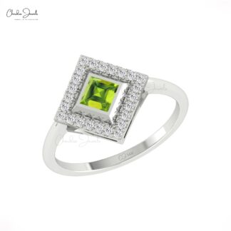 Halo Engagement Rings With 4mm Peridot And Diamond 14k Real Gold August Birthstone Ring