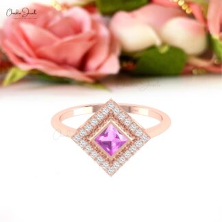 AAA Pink Sapphire Halo Diamond Ring In 14k Solid Gold Statement Wedding Rings For Mom