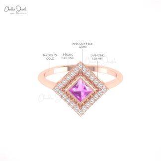 AAA Pink Sapphire Halo Diamond Ring In 14k Solid Gold Statement Wedding Rings For Mom