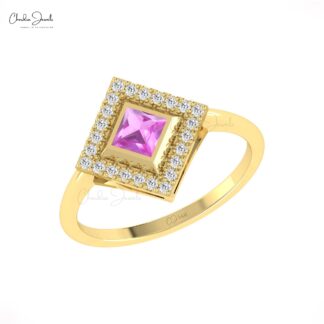 AAA Pink Sapphire Halo Diamond Ring In 14k Solid Gold Statement Wedding Rings For Mom