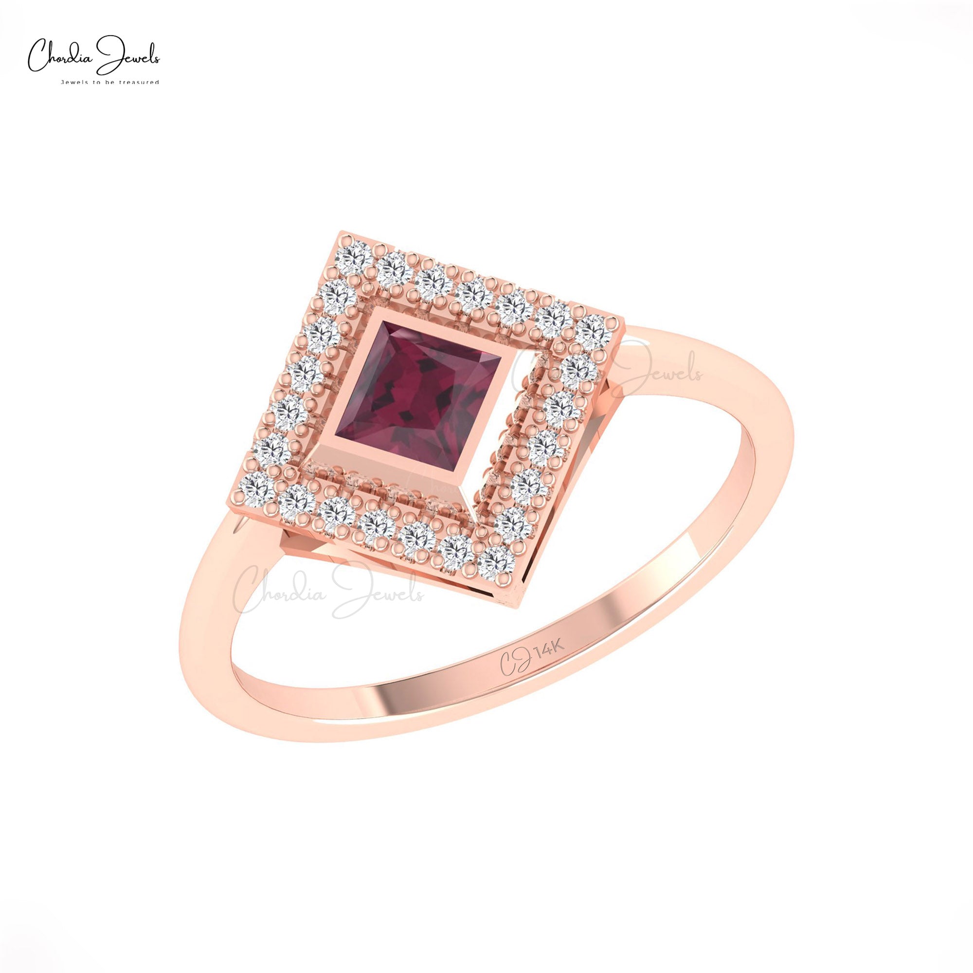 Solid 14k Gold Halo Ring With 0.32 Ct Rhodolite Garnet And G-H Diamond Statement Rings