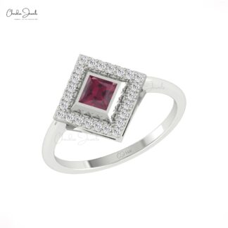 Solid 14k Gold Halo Ring With 0.32 Ct Rhodolite Garnet And G-H Diamond Statement Rings