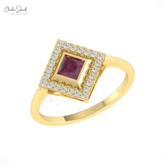 Solid 14k Gold Halo Ring With 0.32 Ct Rhodolite Garnet And G-H Diamond Statement Rings