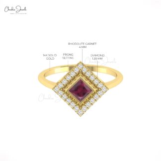 Solid 14k Gold Halo Ring With 0.32 Ct Rhodolite Garnet And G-H Diamond Statement Rings