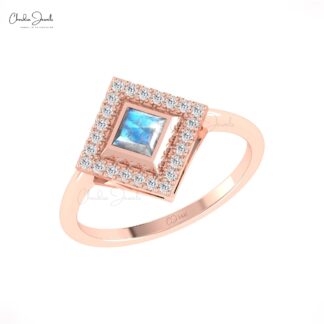 Pure 14k Gold Halo Diamond Ring With 4mm Rainbow Moonstone Statement Anniversary Rings