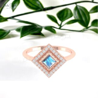 Pure 14k Gold Halo Diamond Ring With 4mm Rainbow Moonstone Statement Anniversary Rings