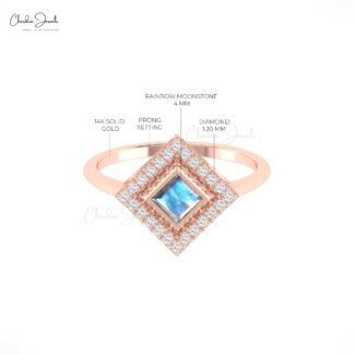 Pure 14k Gold Halo Diamond Ring With 4mm Rainbow Moonstone Statement Anniversary Rings